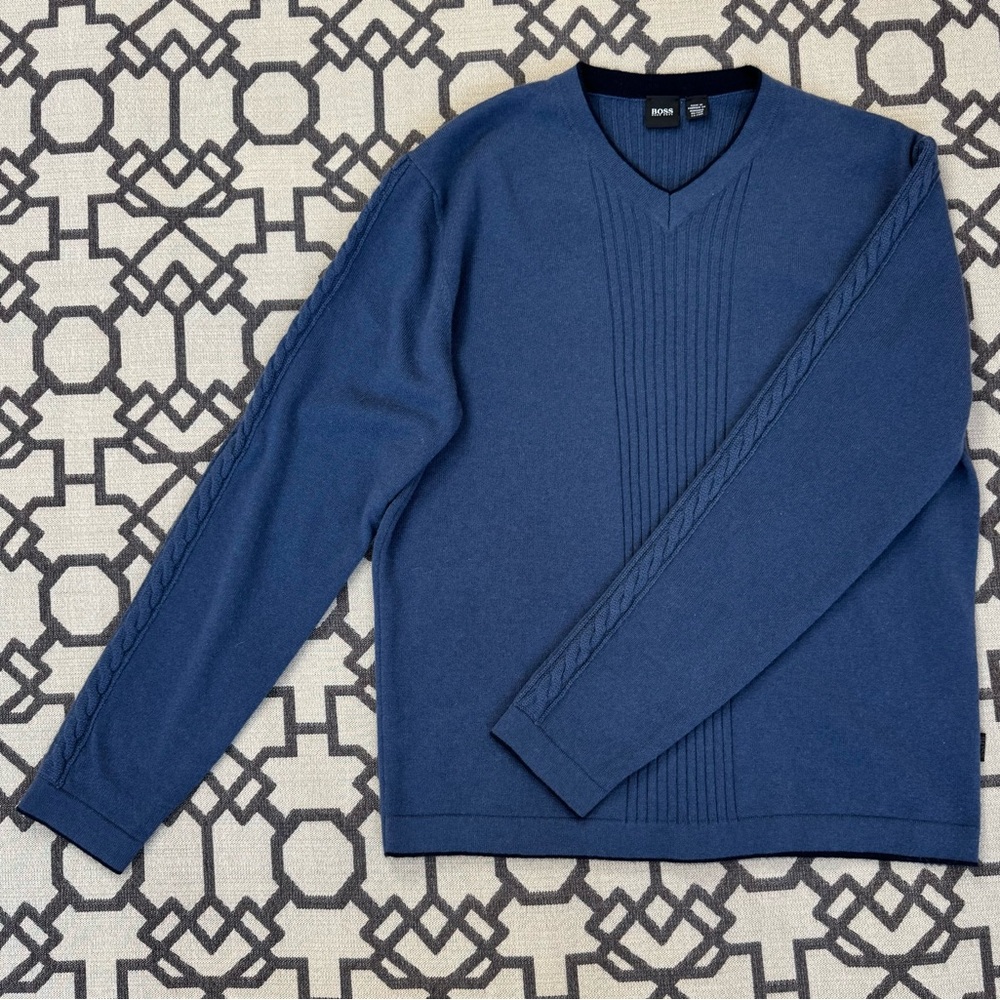 Hugo Boss Cashmere V Neck Rib Cable Knit Pullover Sweater Crewneck Blue Sz M